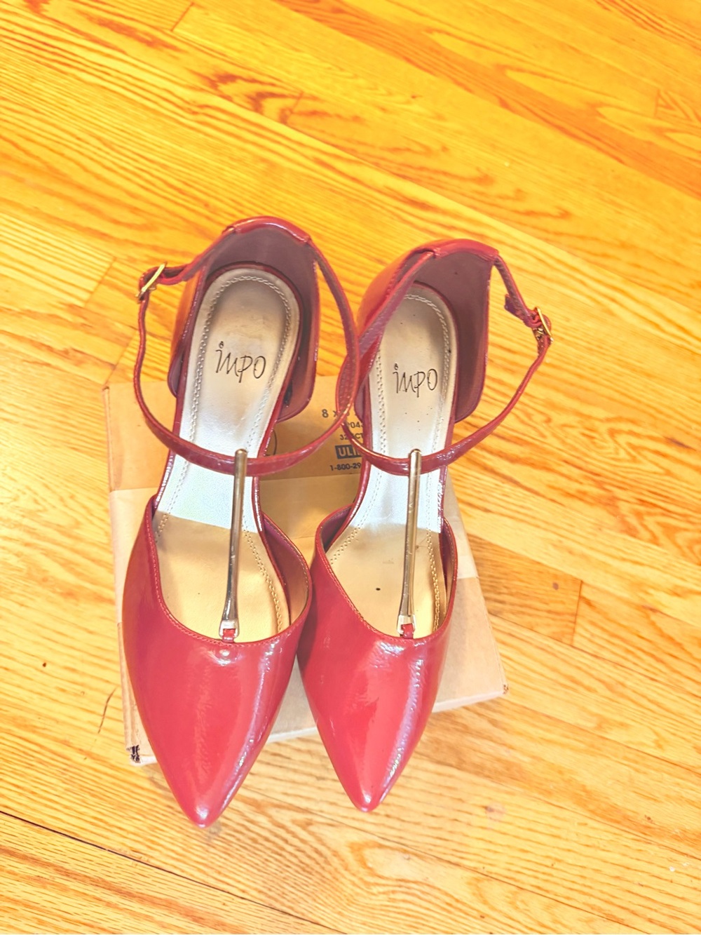 Impo Red Patent Pointed T-Strap Pumps with Ankle Buckle